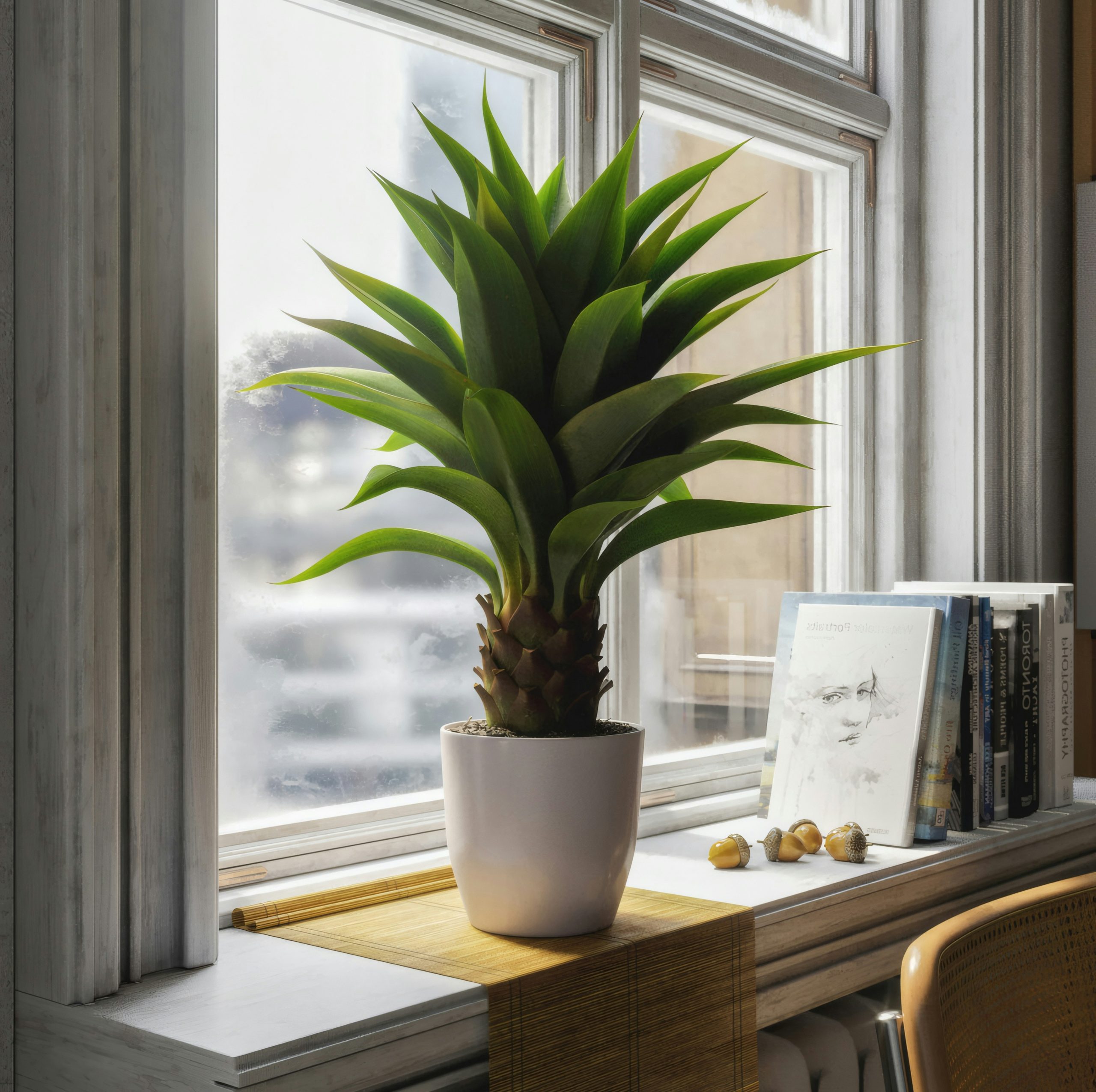 A potted green plant sits on a windowsill.