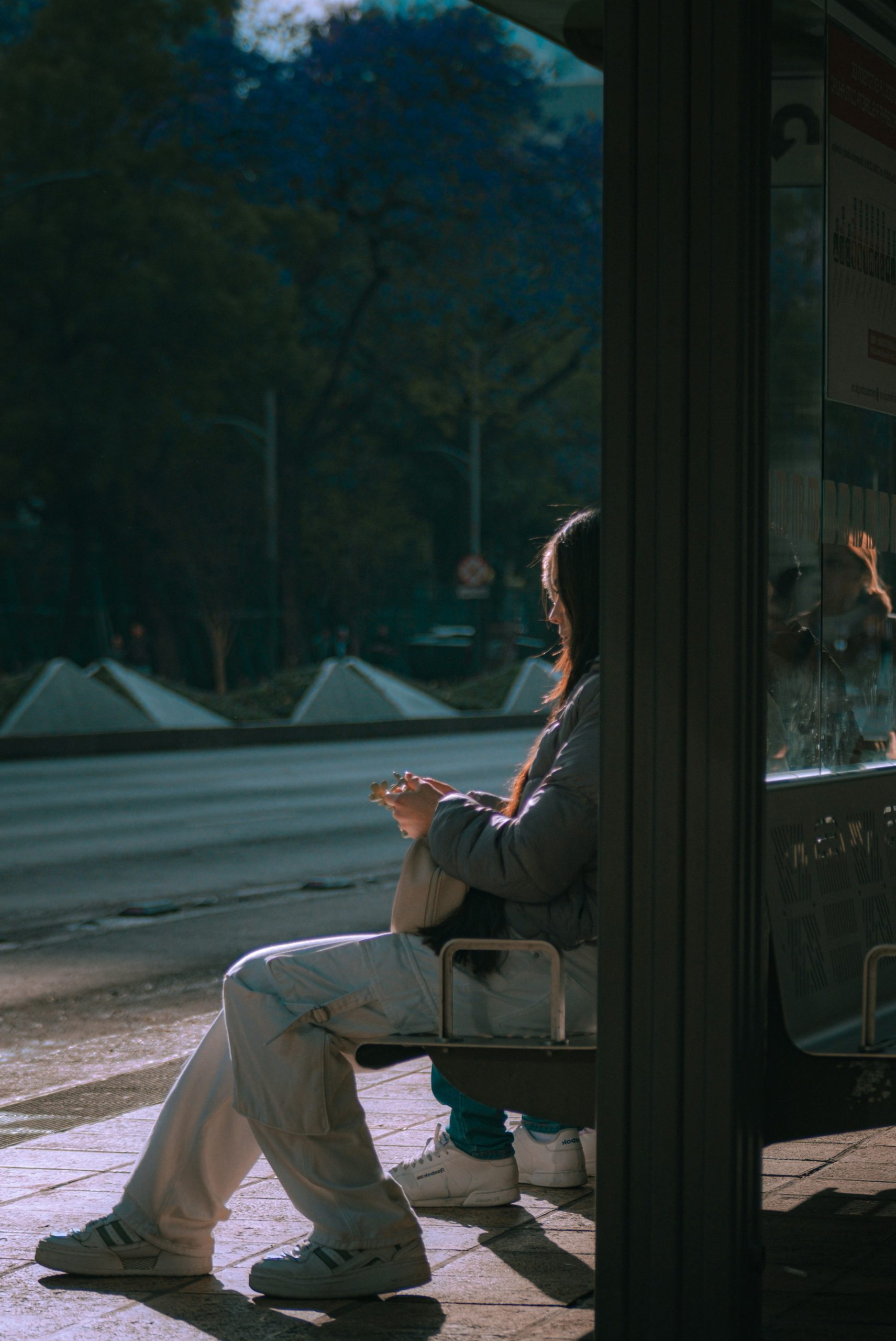 A woman sits at a bus stop in sunlight.