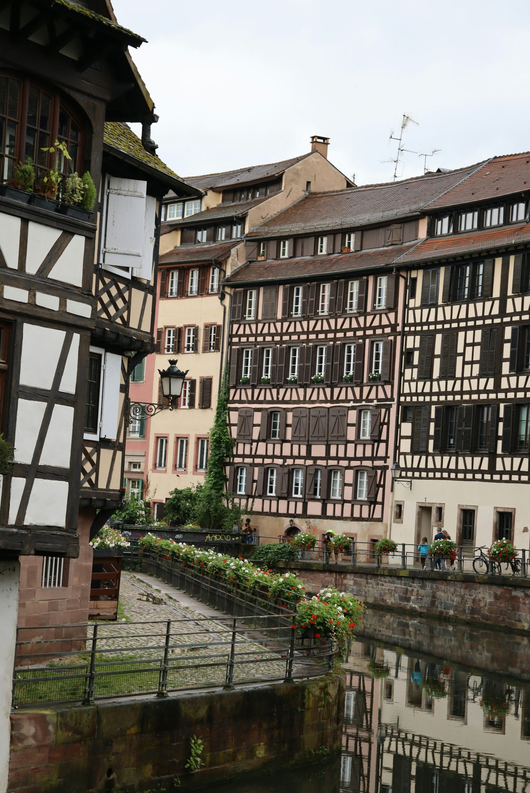Half-timbered houses line a canal with reflections.