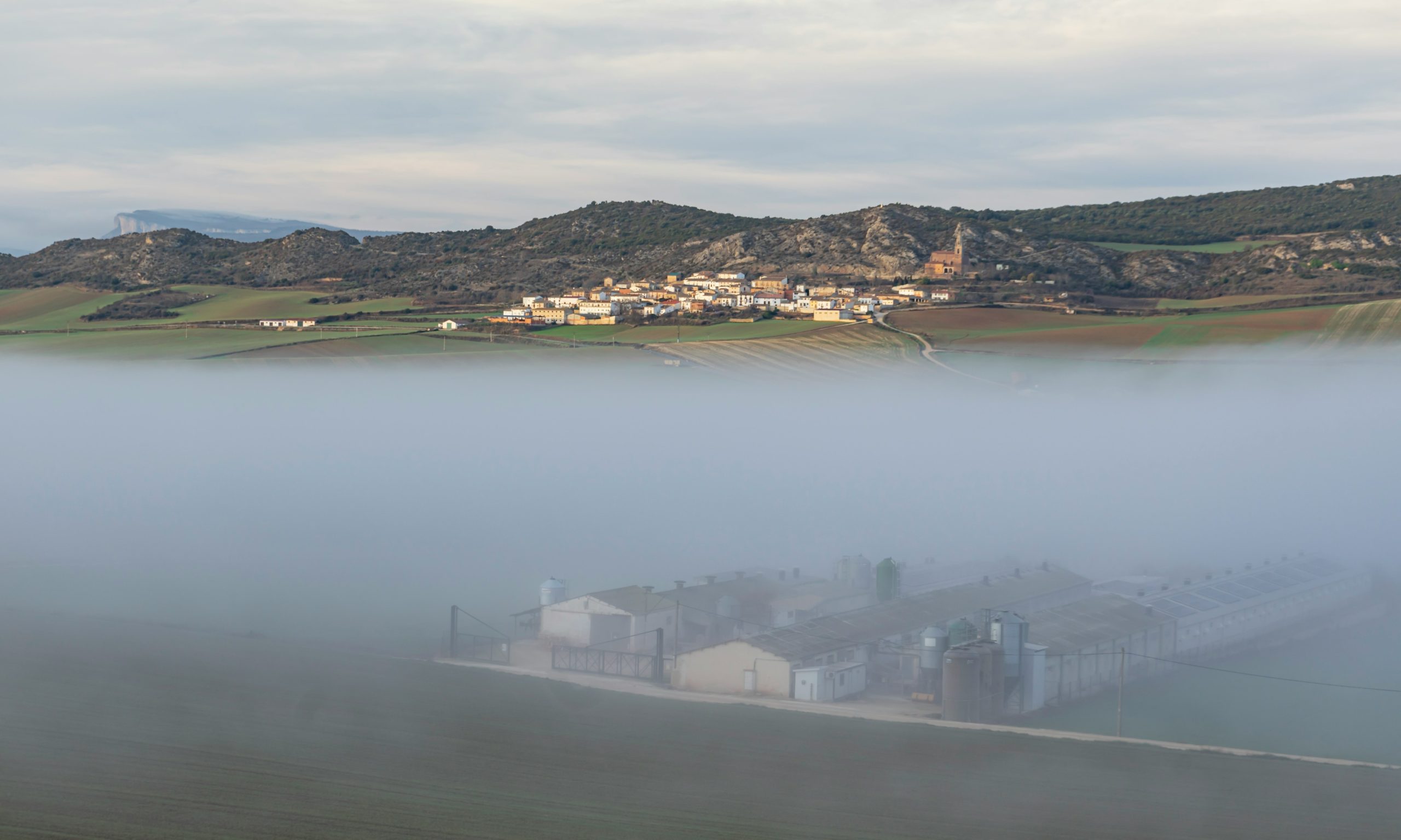 A village nestled in a valley shrouded in fog.
