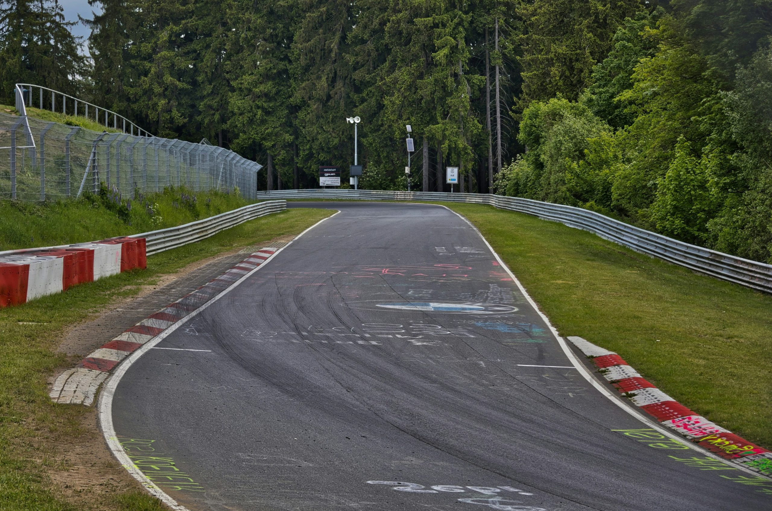 A winding race track with curbs, grass, and trees.