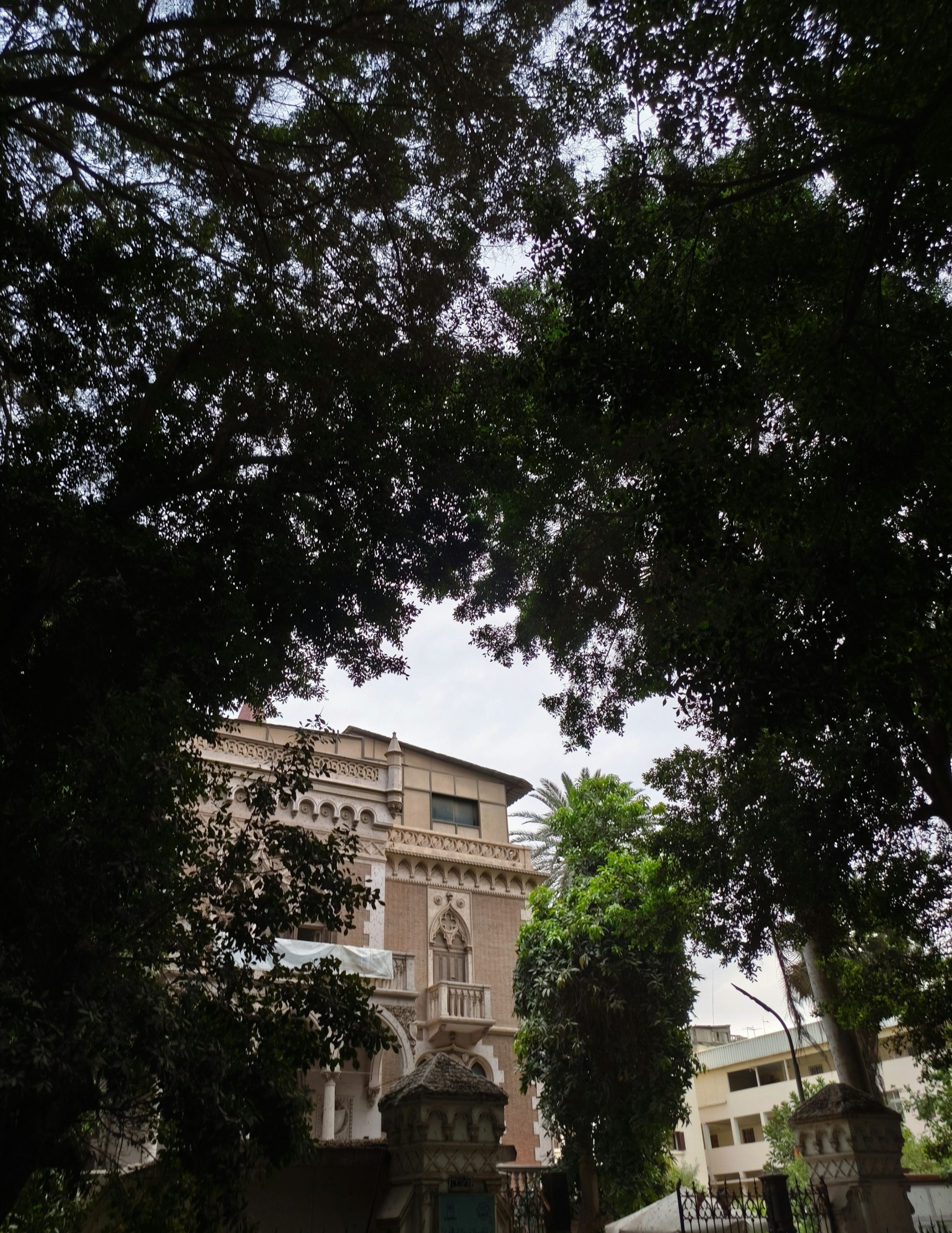 An old building seen through dark tree leaves.