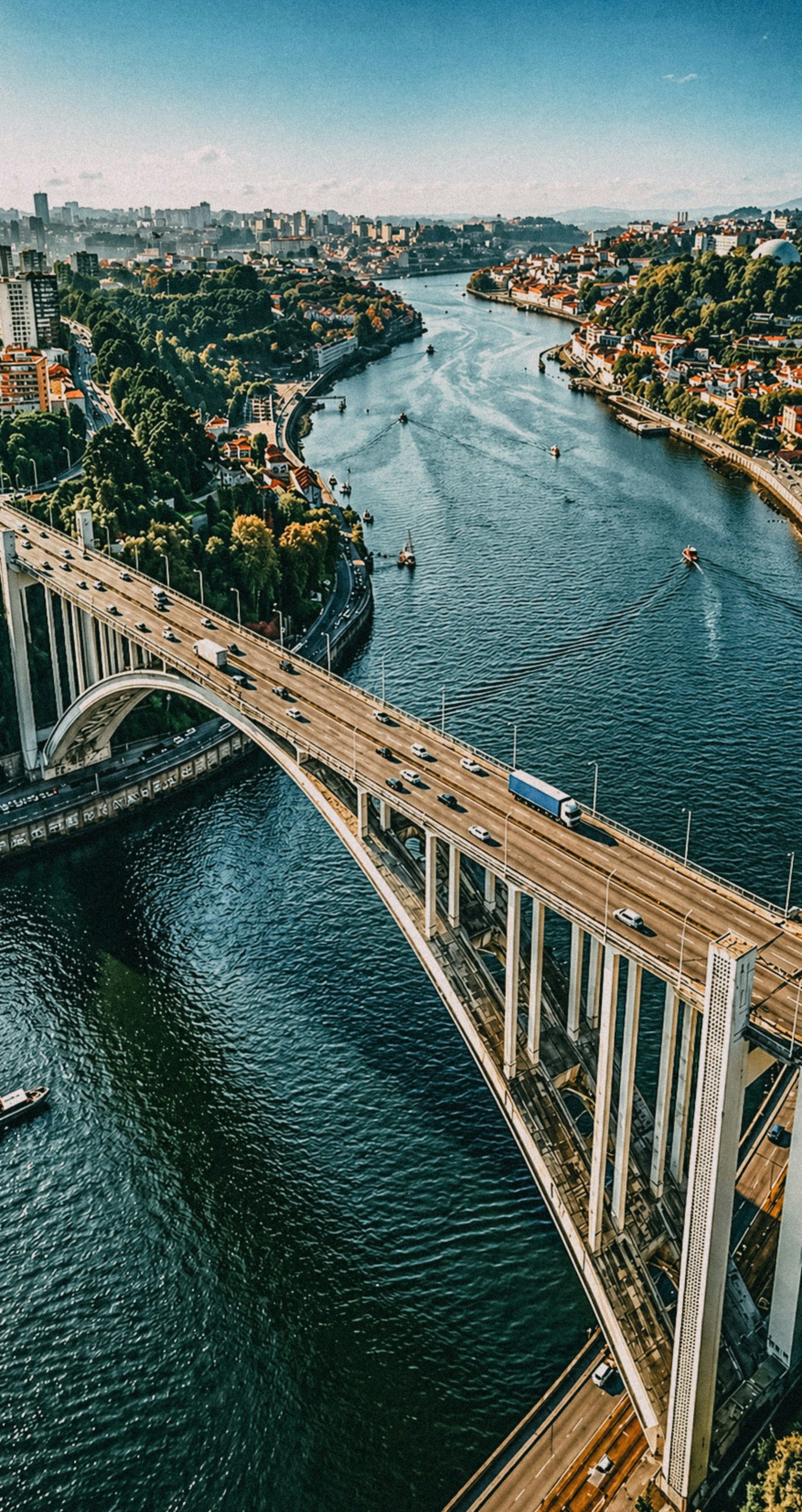 Arched bridge over a wide river with city skyline.