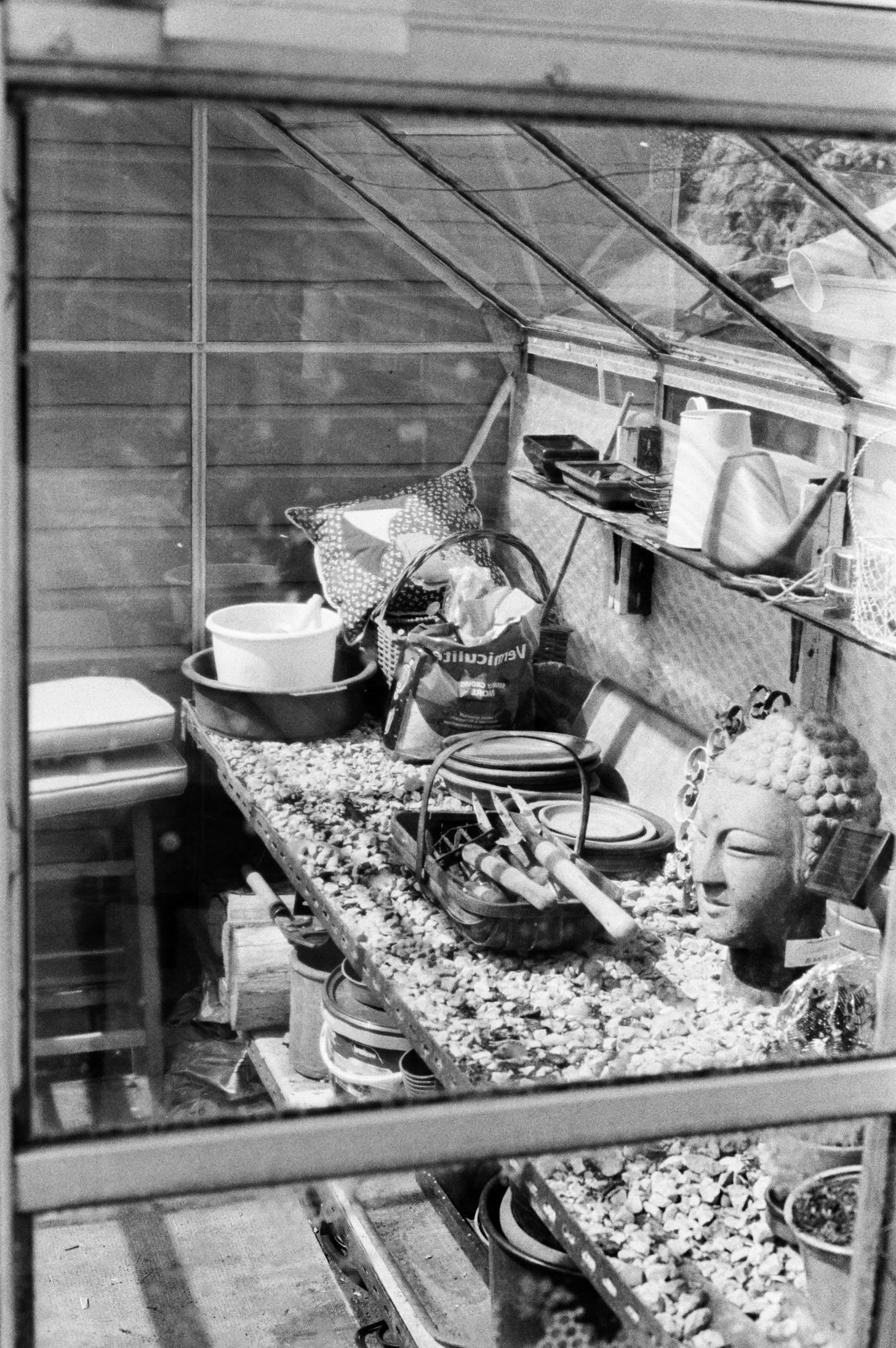 Buddha head and gardening tools in greenhouse