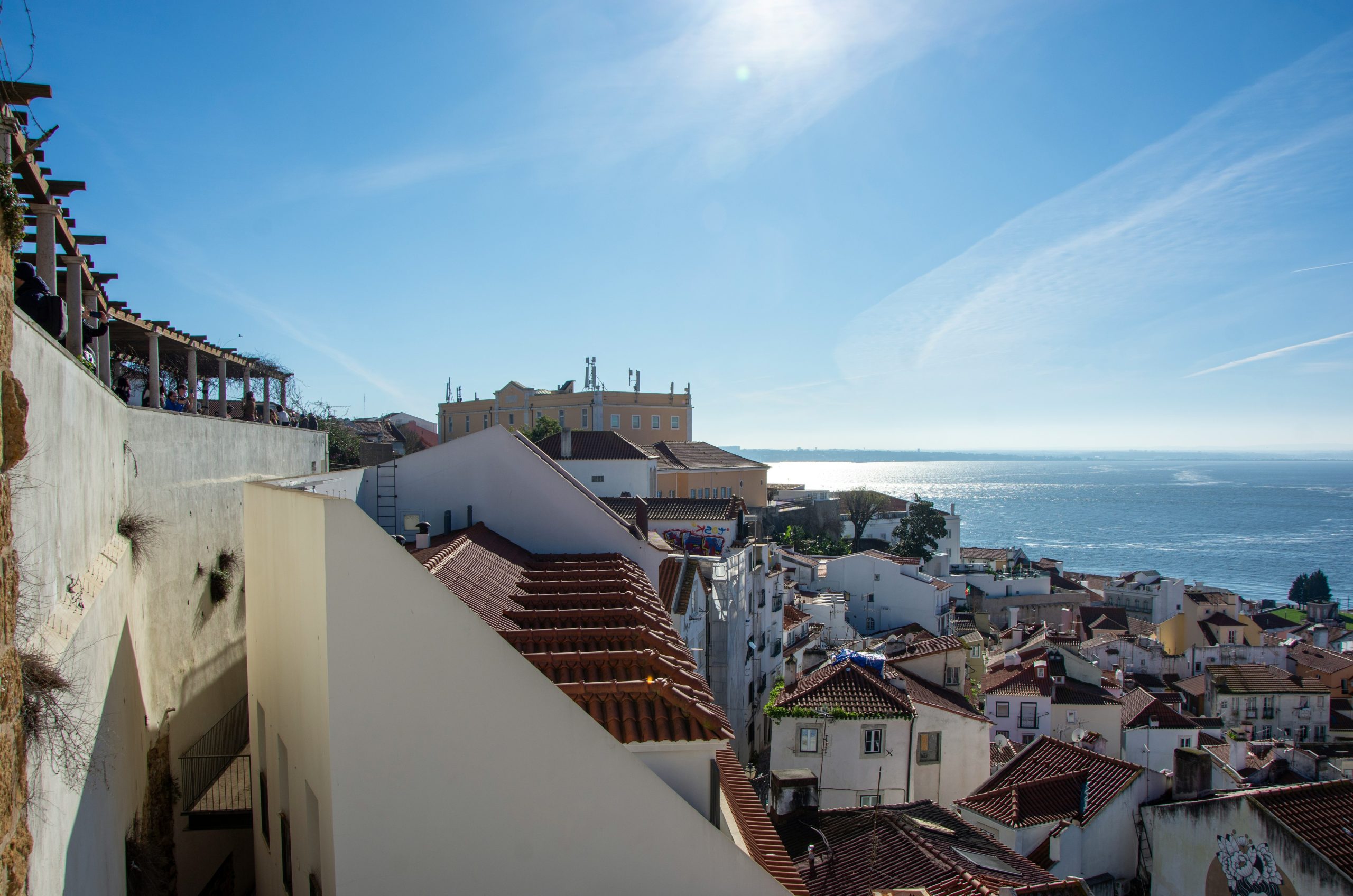 Coastal town with white buildings overlooking the sea.