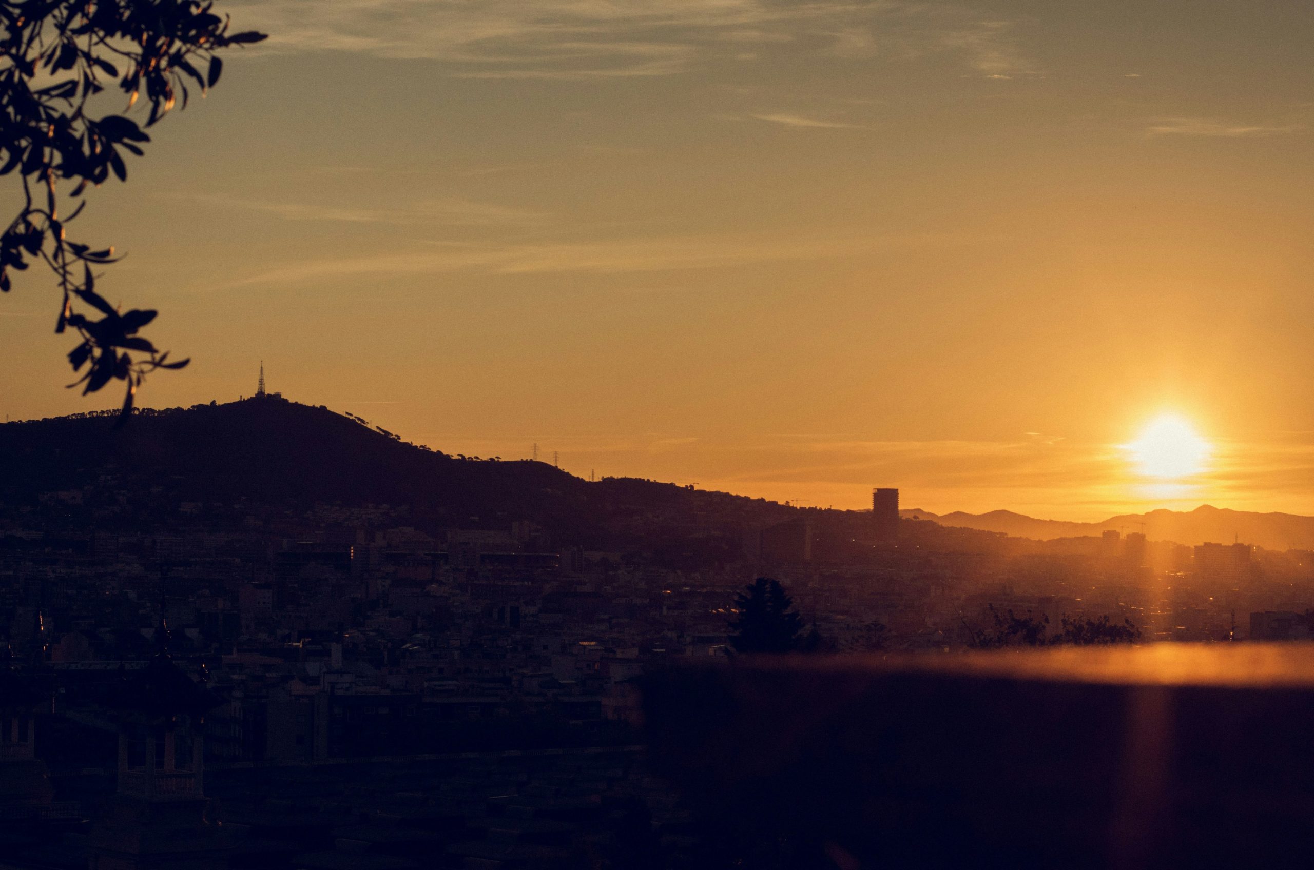 Golden sunset over a distant city skyline.