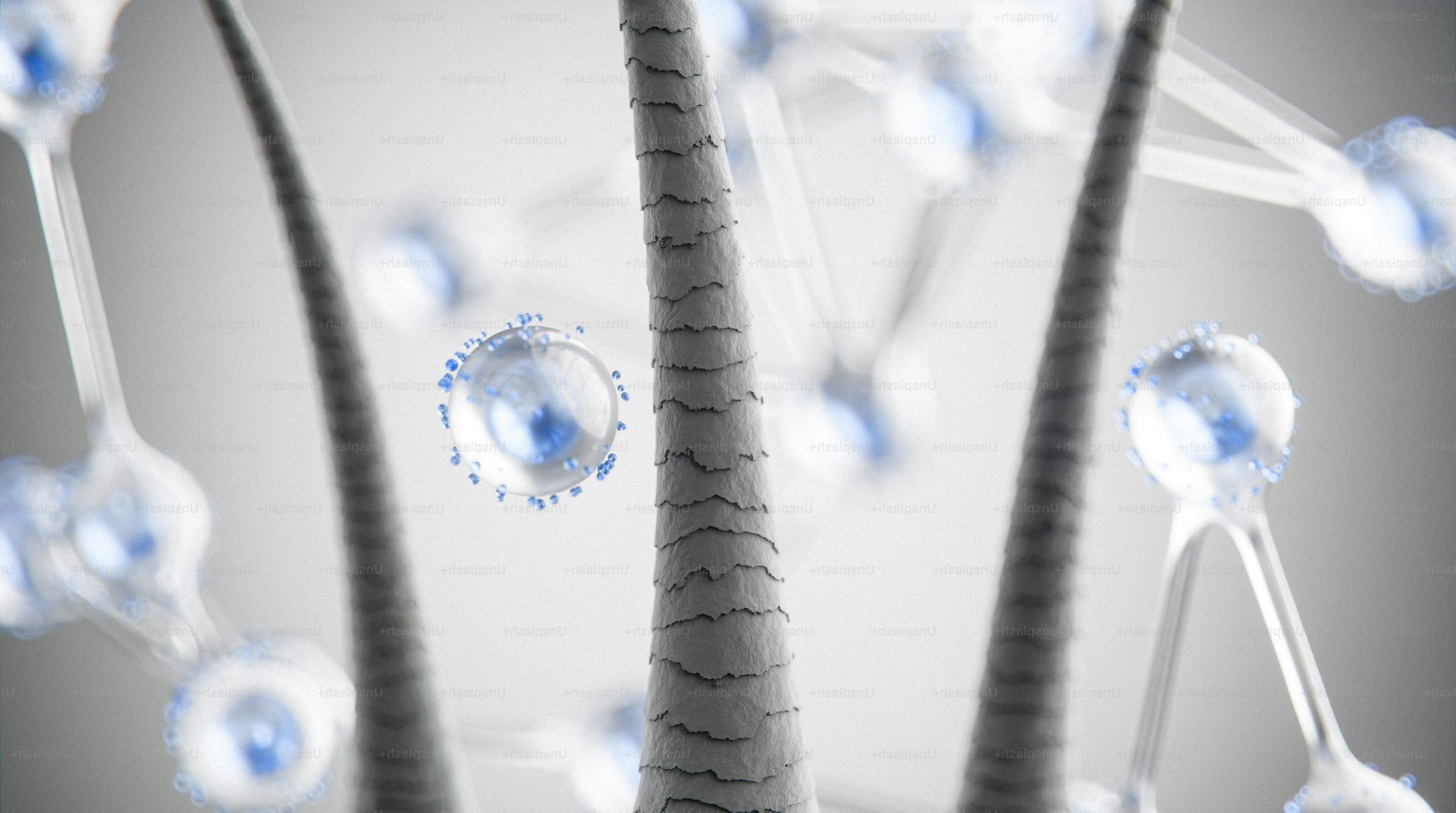 Hair fibers surrounded by abstract blue molecular particles.
