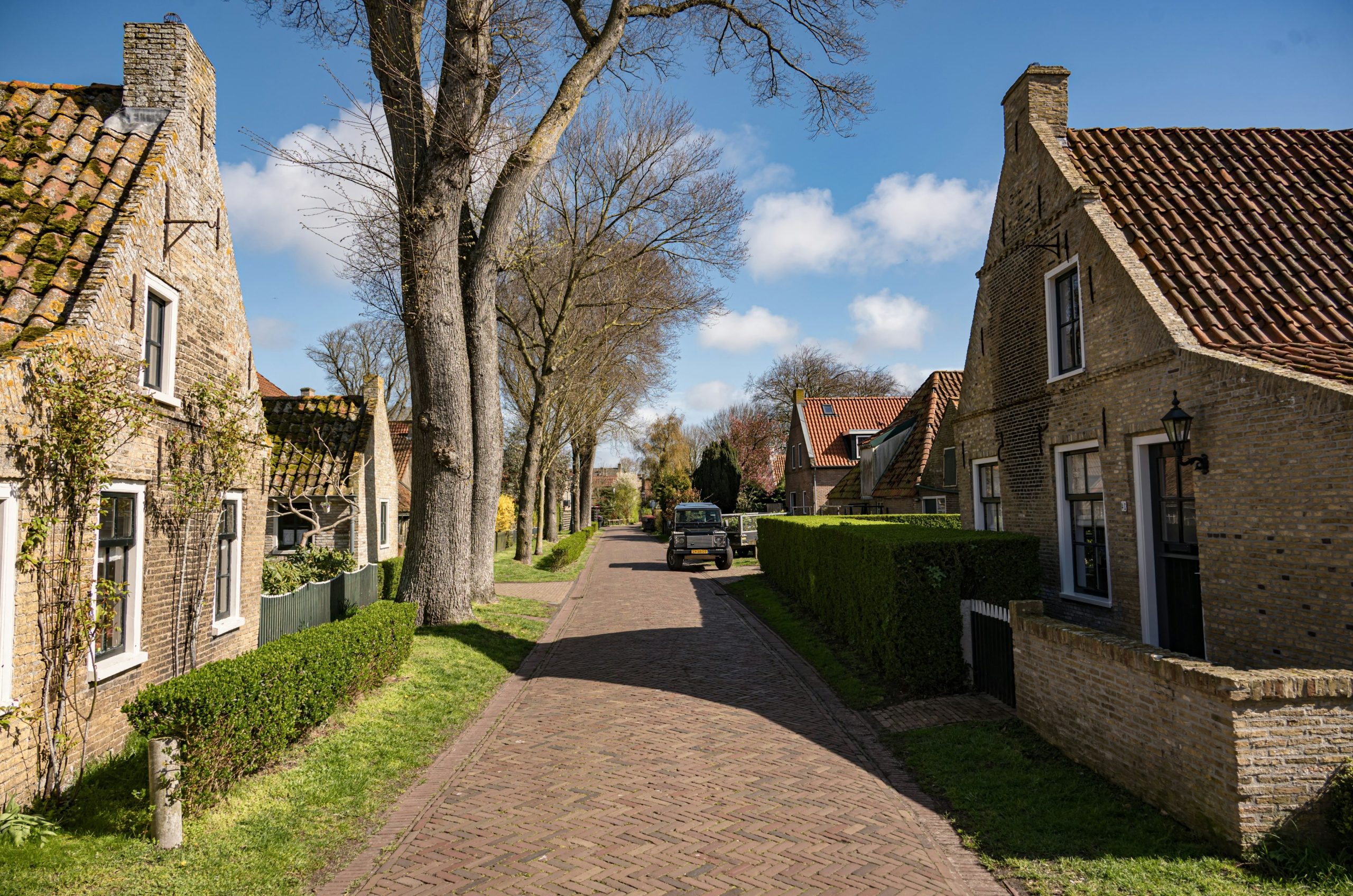 Sunny village street with old brick houses and tall trees.