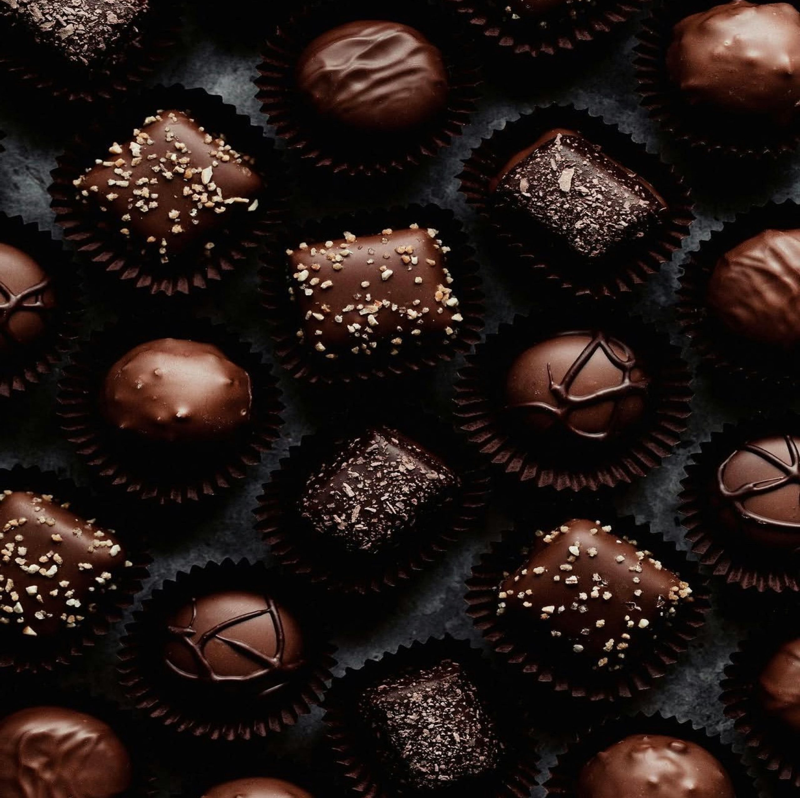 A box of assorted dark chocolate truffles.