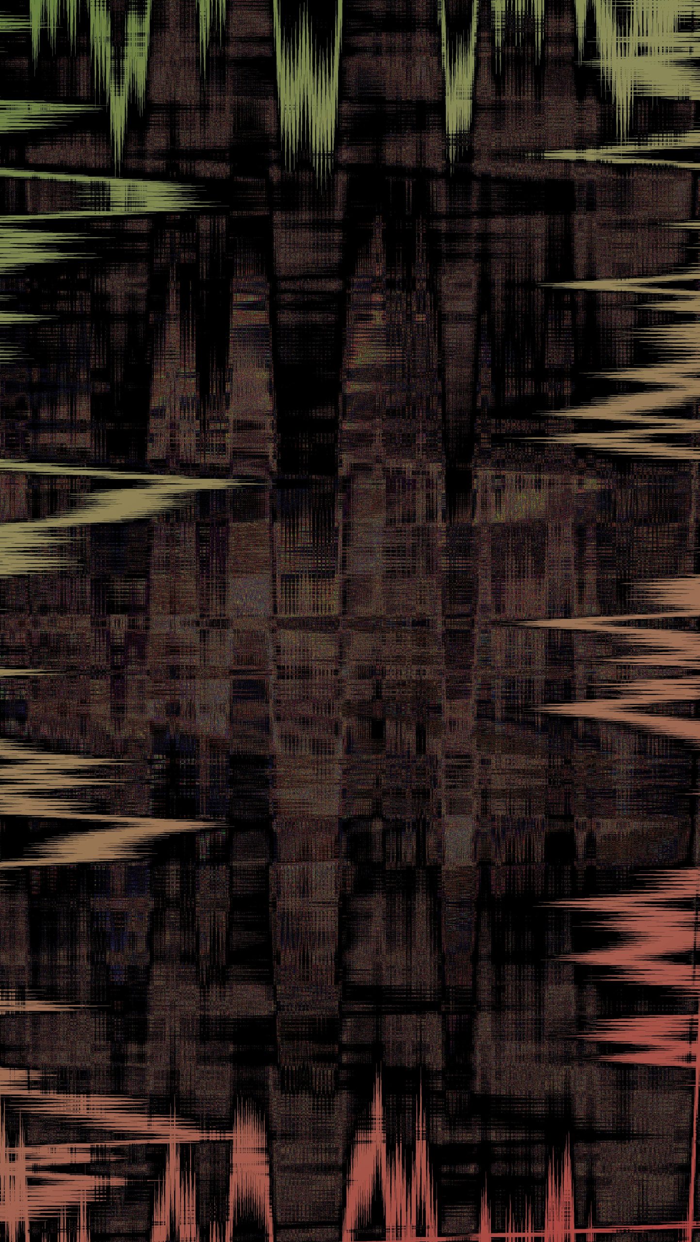 Abstract dark background with jagged green, orange, and red lines.