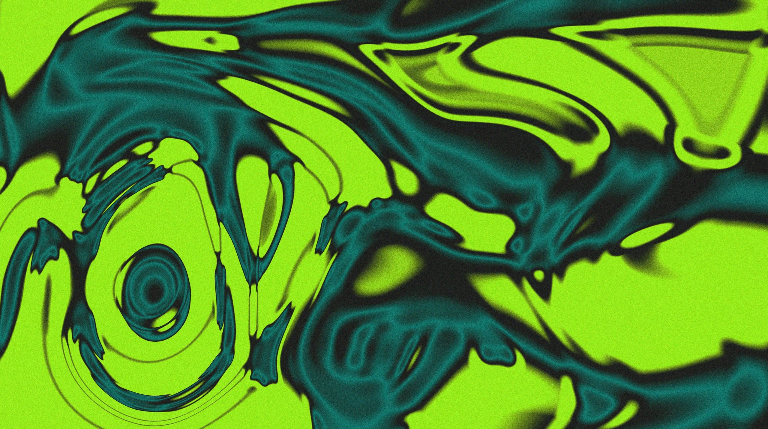 Abstract swirling patterns in vibrant lime green and dark teal.