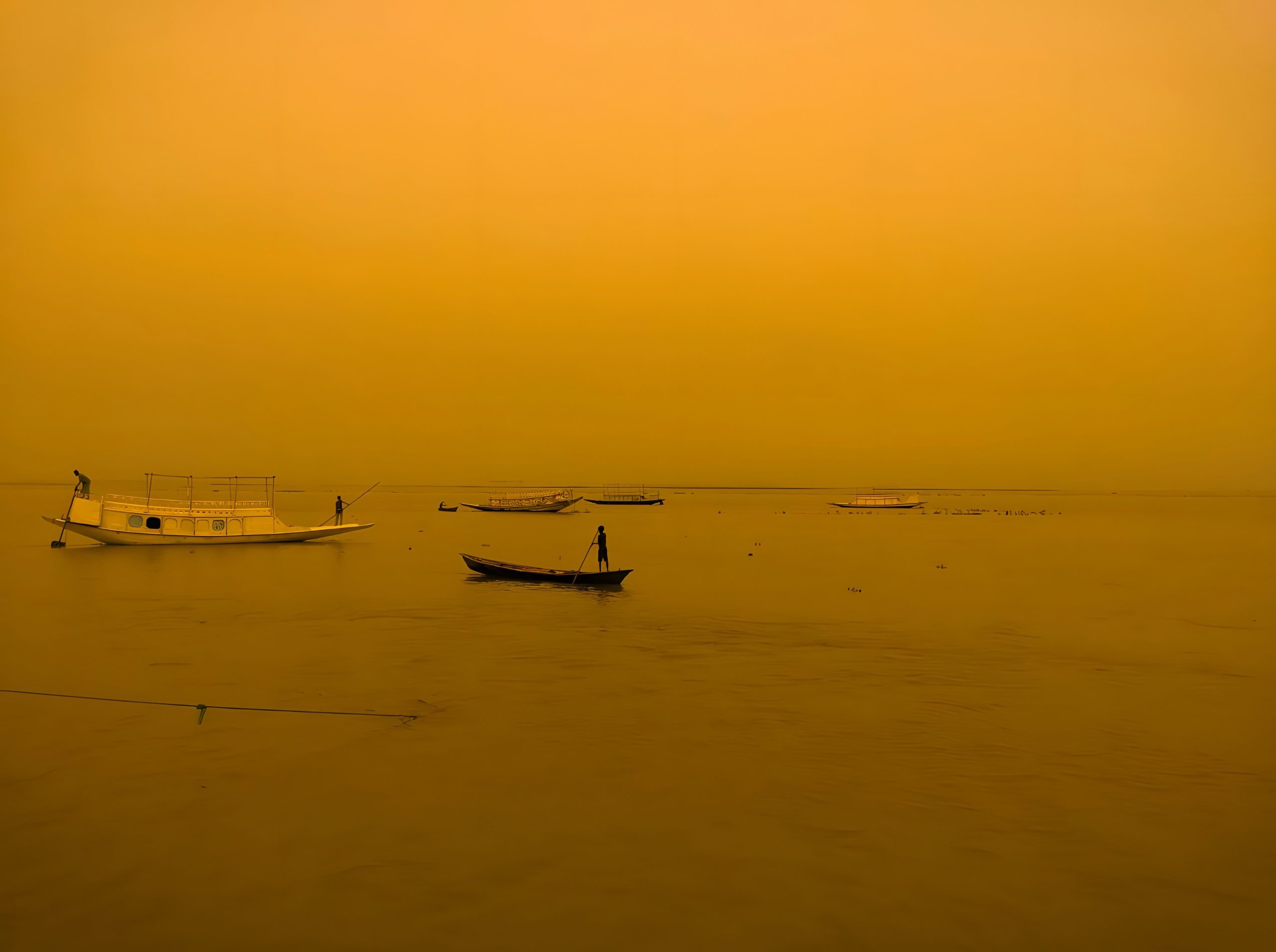 Boats on calm, orange-hued water under a hazy sky.
