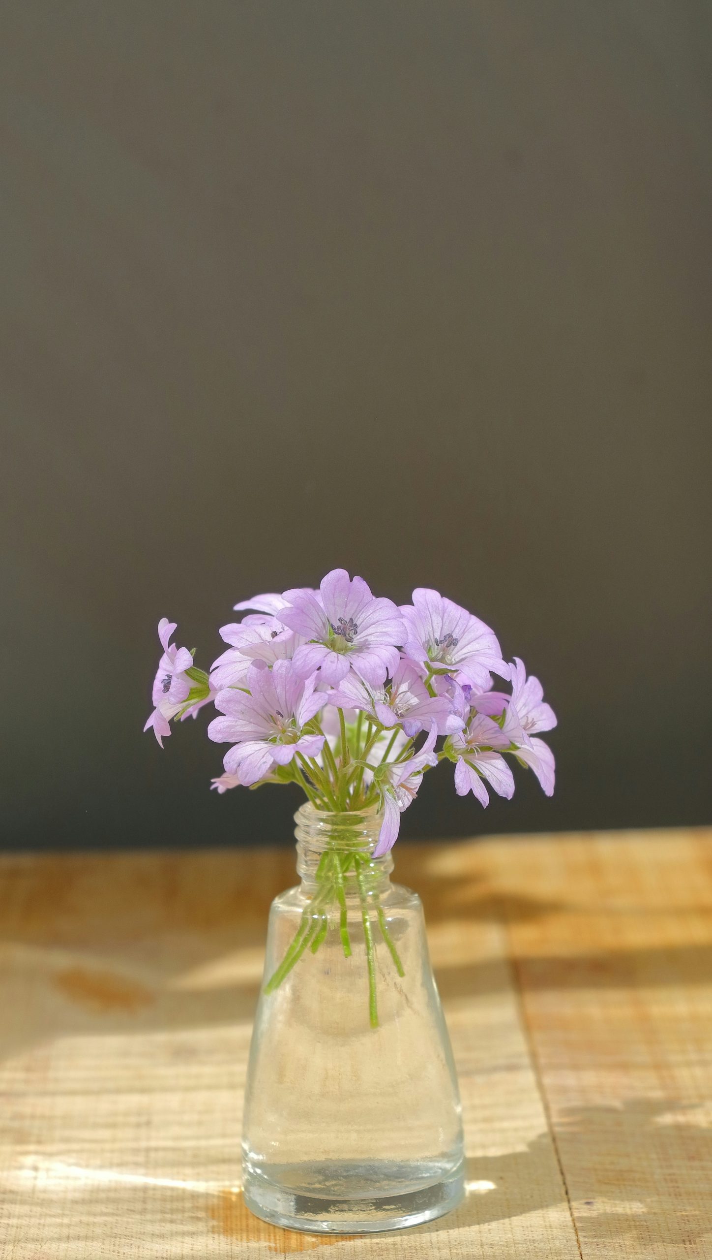 Purple flowers in a glass vase on a wooden table.