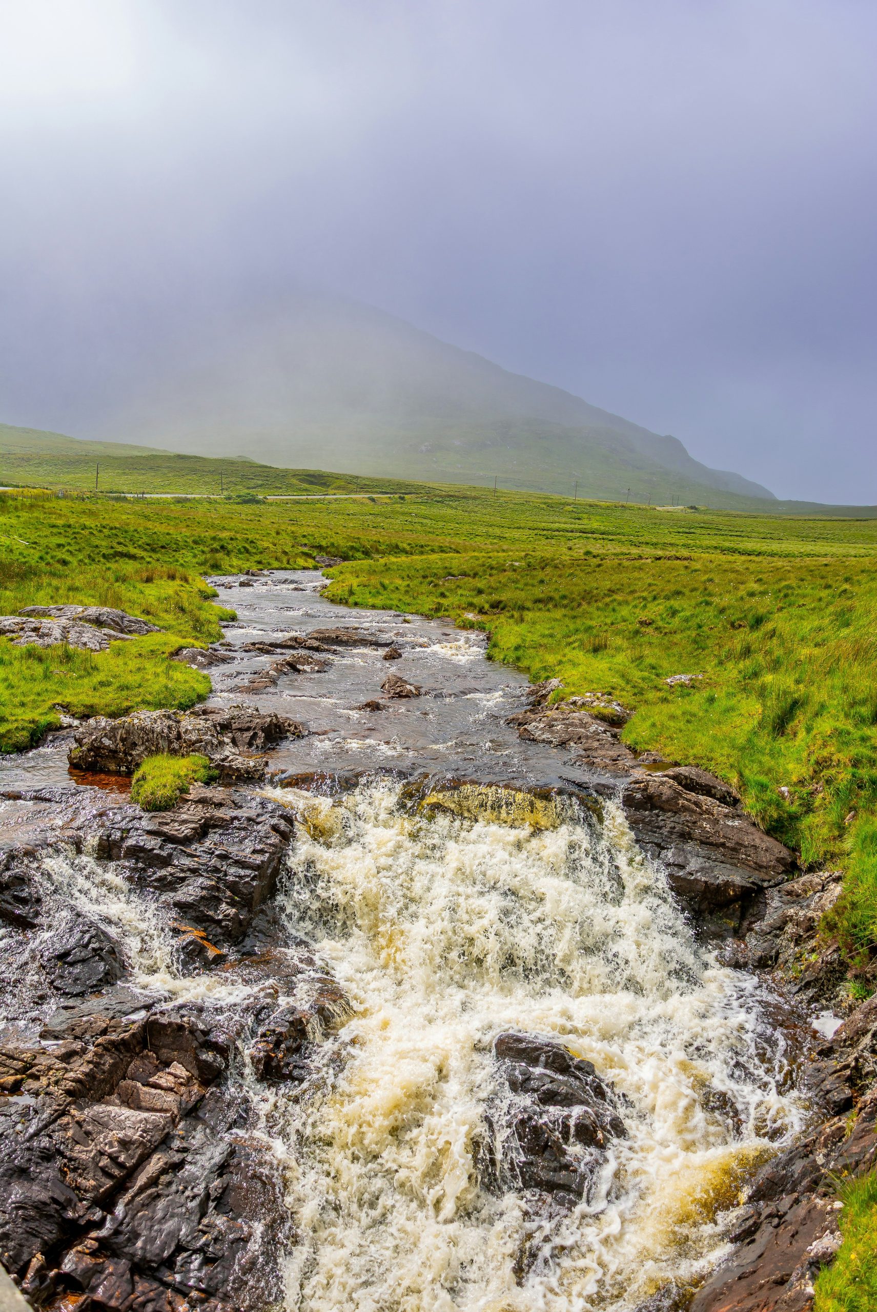 Rocky stream flows through green landscape with a foggy mountain.