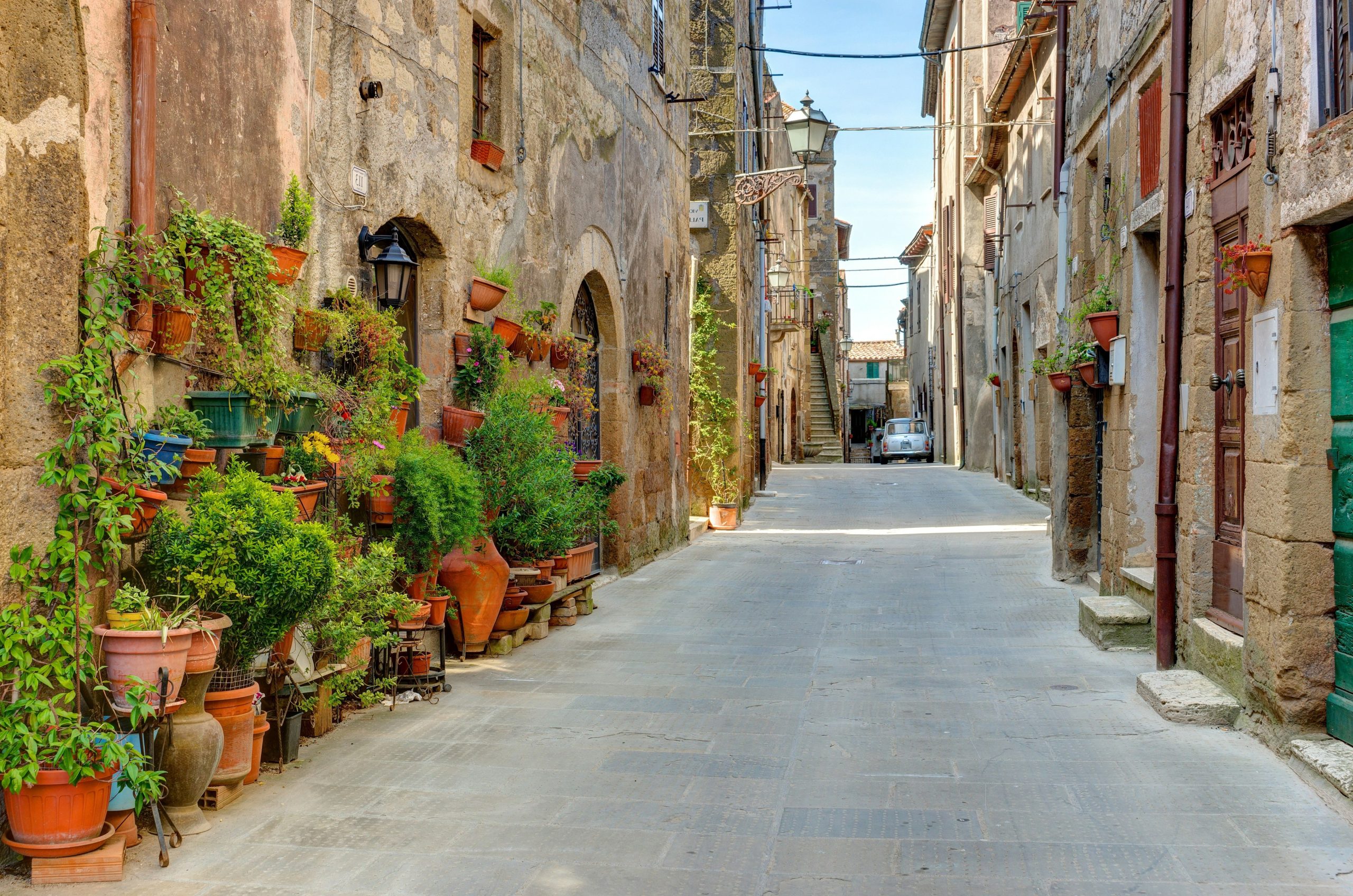 Stone street in an old town with many potted plants.