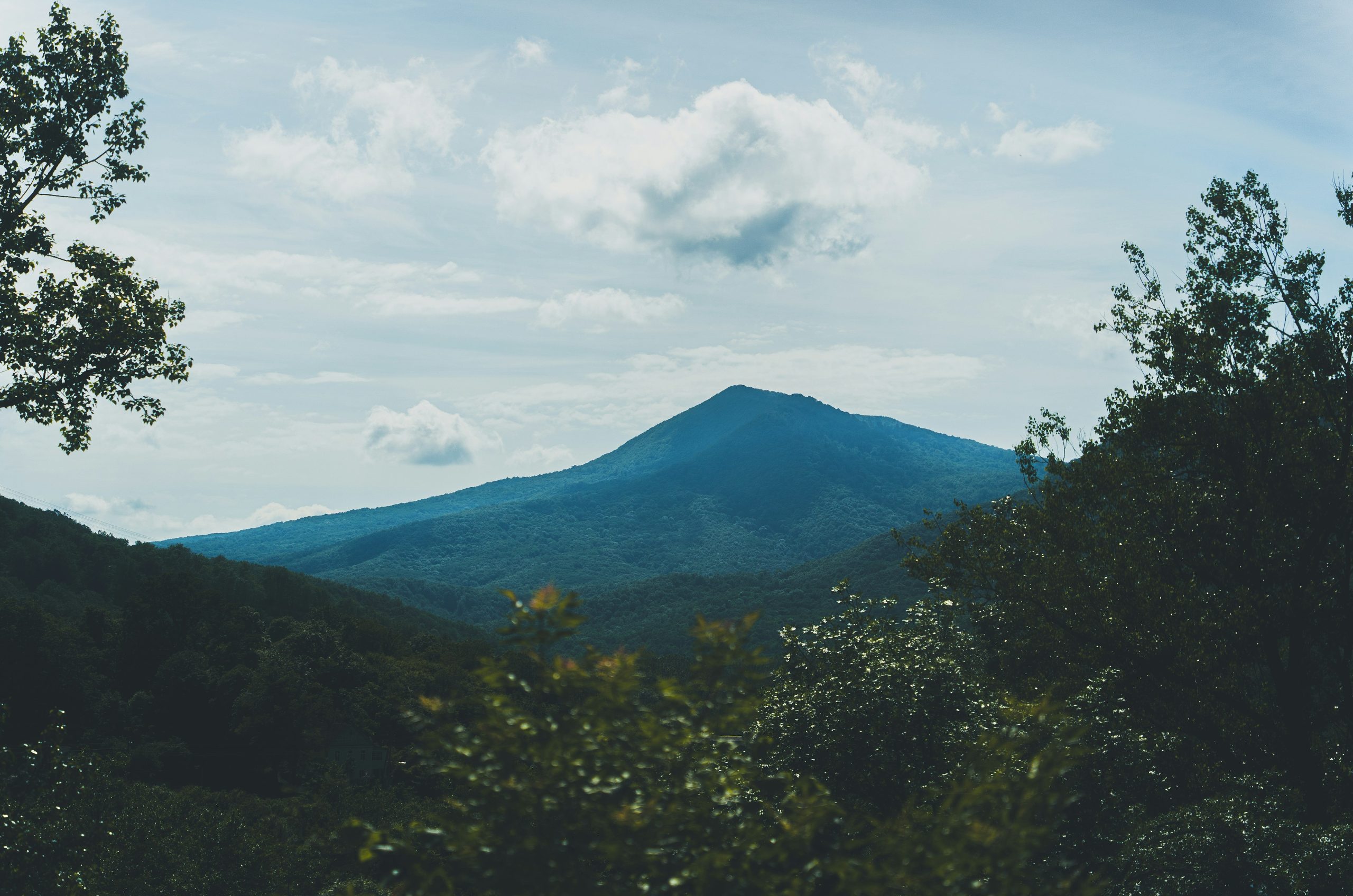Green trees frame a distant mountain under a cloudy sky.