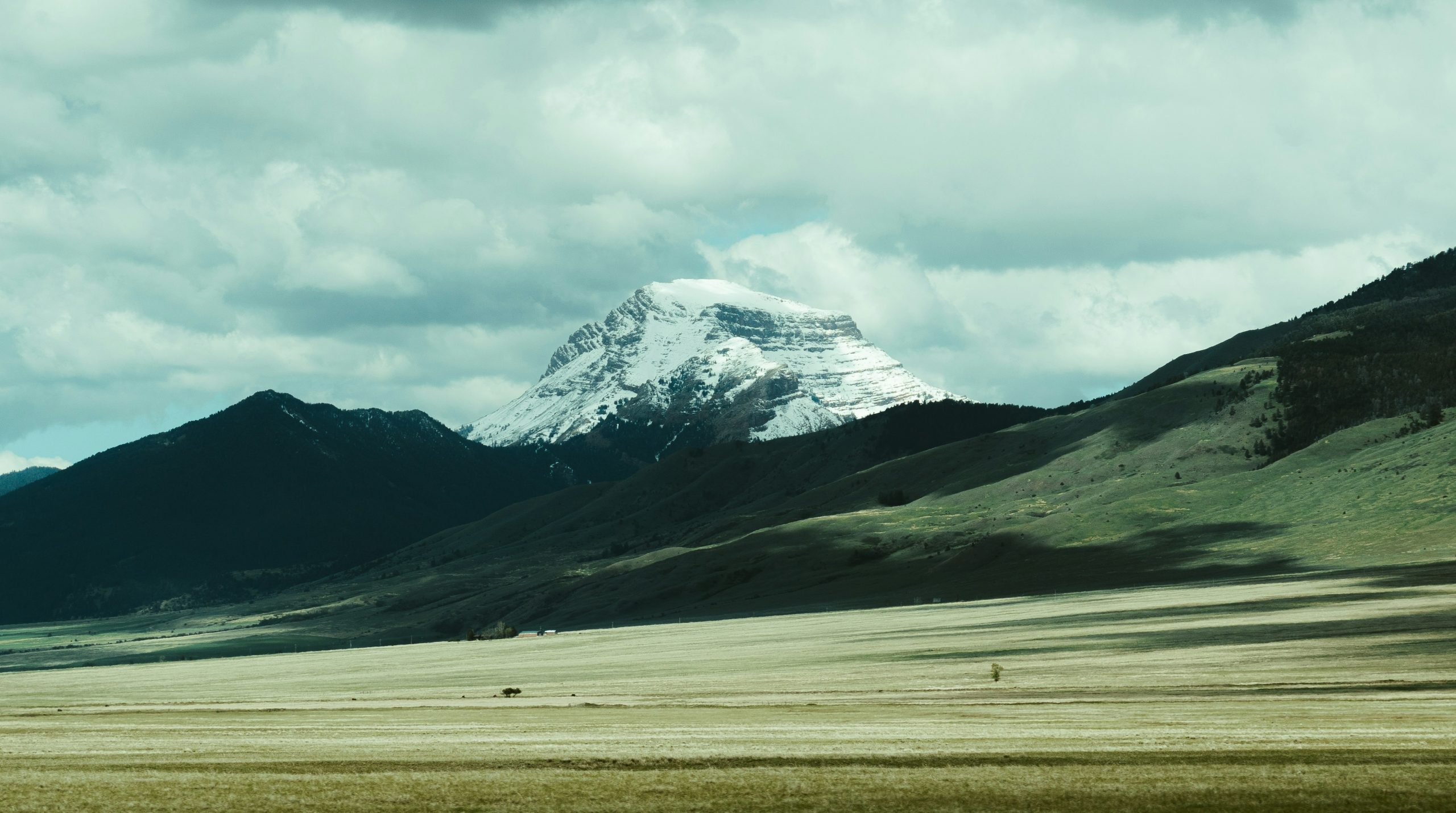 A snow-capped mountain rises above green fields under cloudy sky.