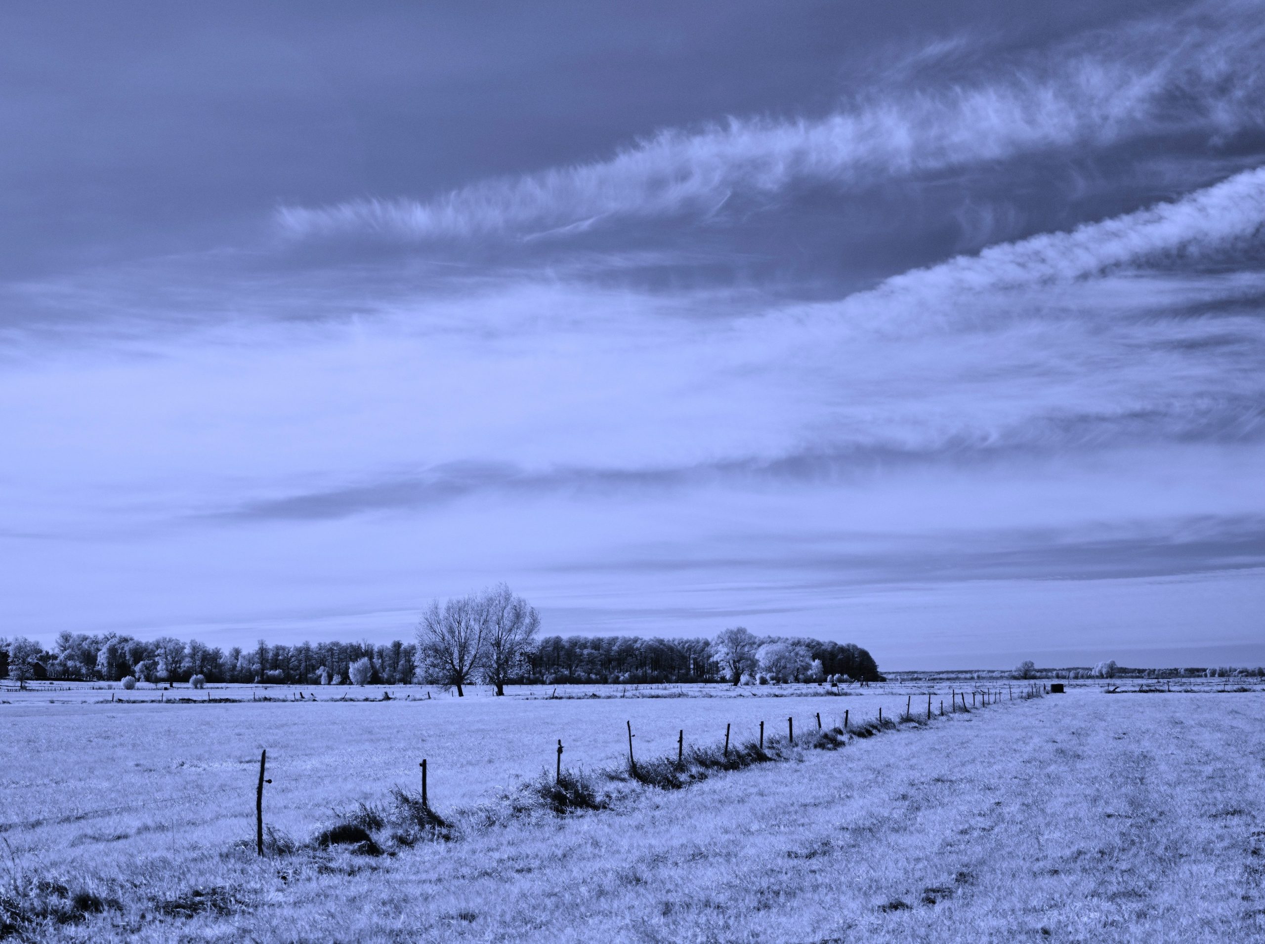 Vast blue landscape with fields, a fence, and distant trees.