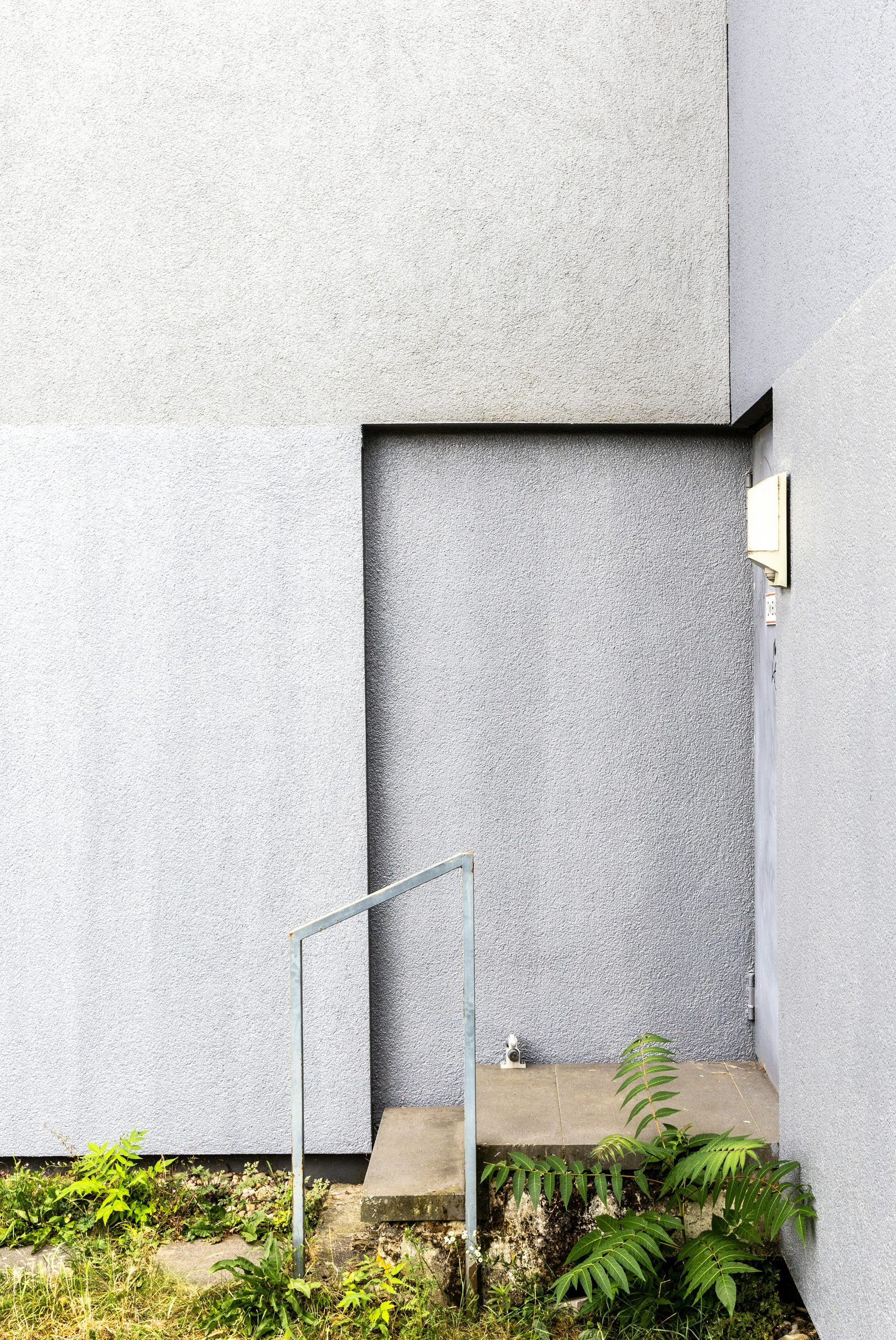 A concrete wall with a recessed doorway, metal railing, and green plants.
