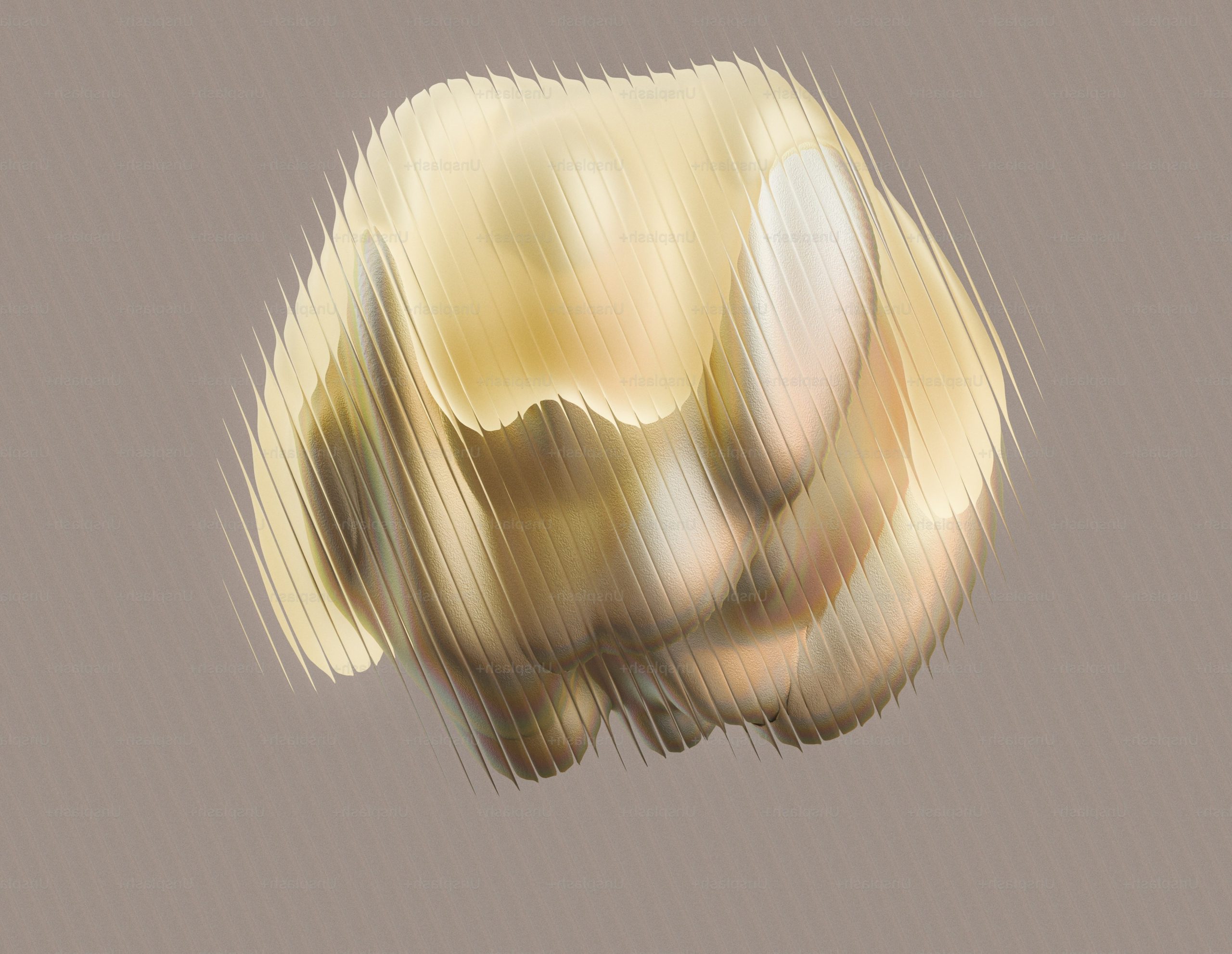 A golden abstract sphere with vertical sliced segments on a neutral background.