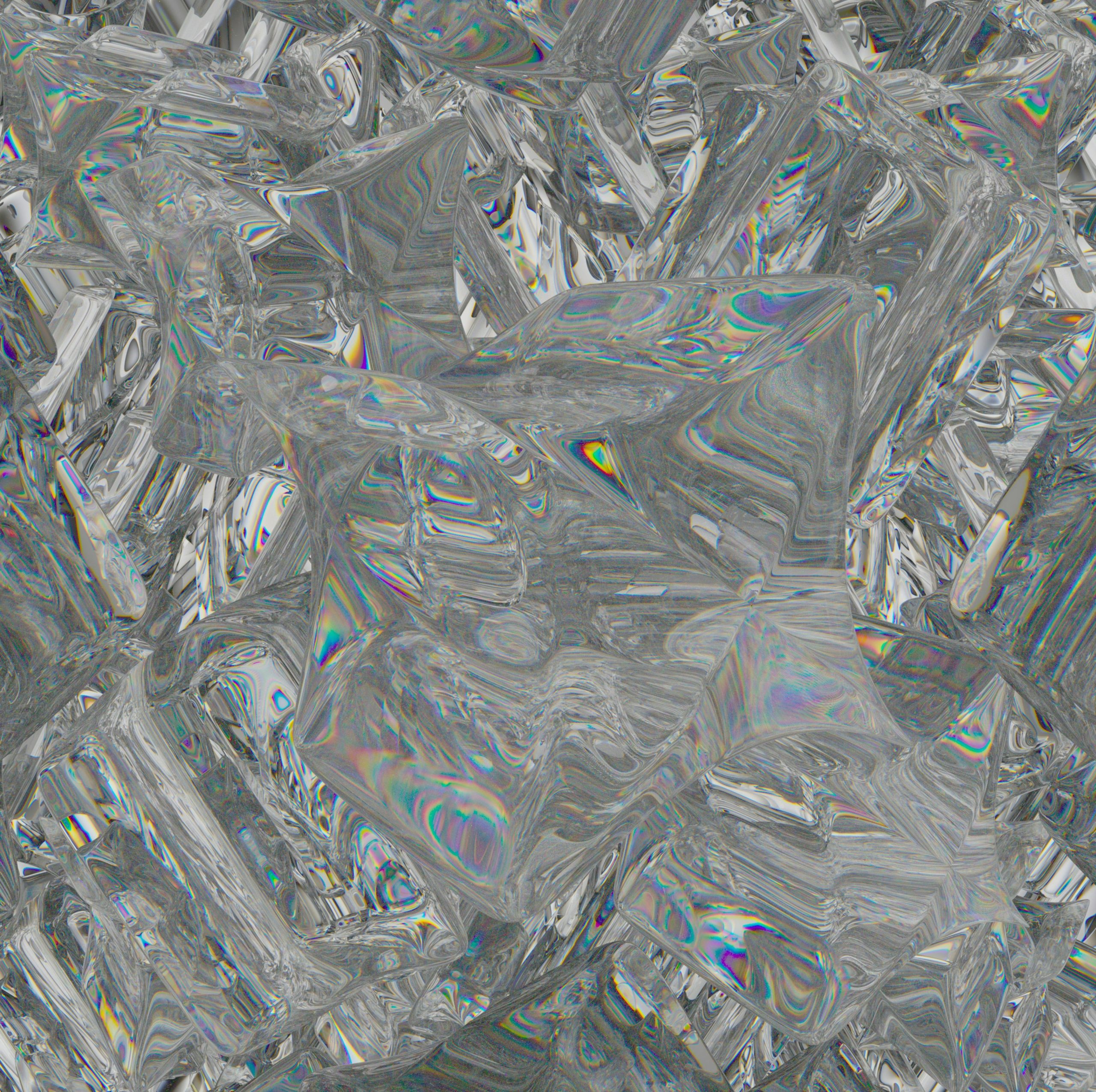 A cluster of clear glass cubes with iridescent light refractions.